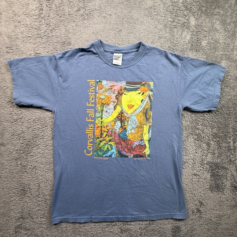 VTG Corvalis Oregon Fall Festival Art Tee Shirt Yuji Hiratsuka Mens M Blue Crew